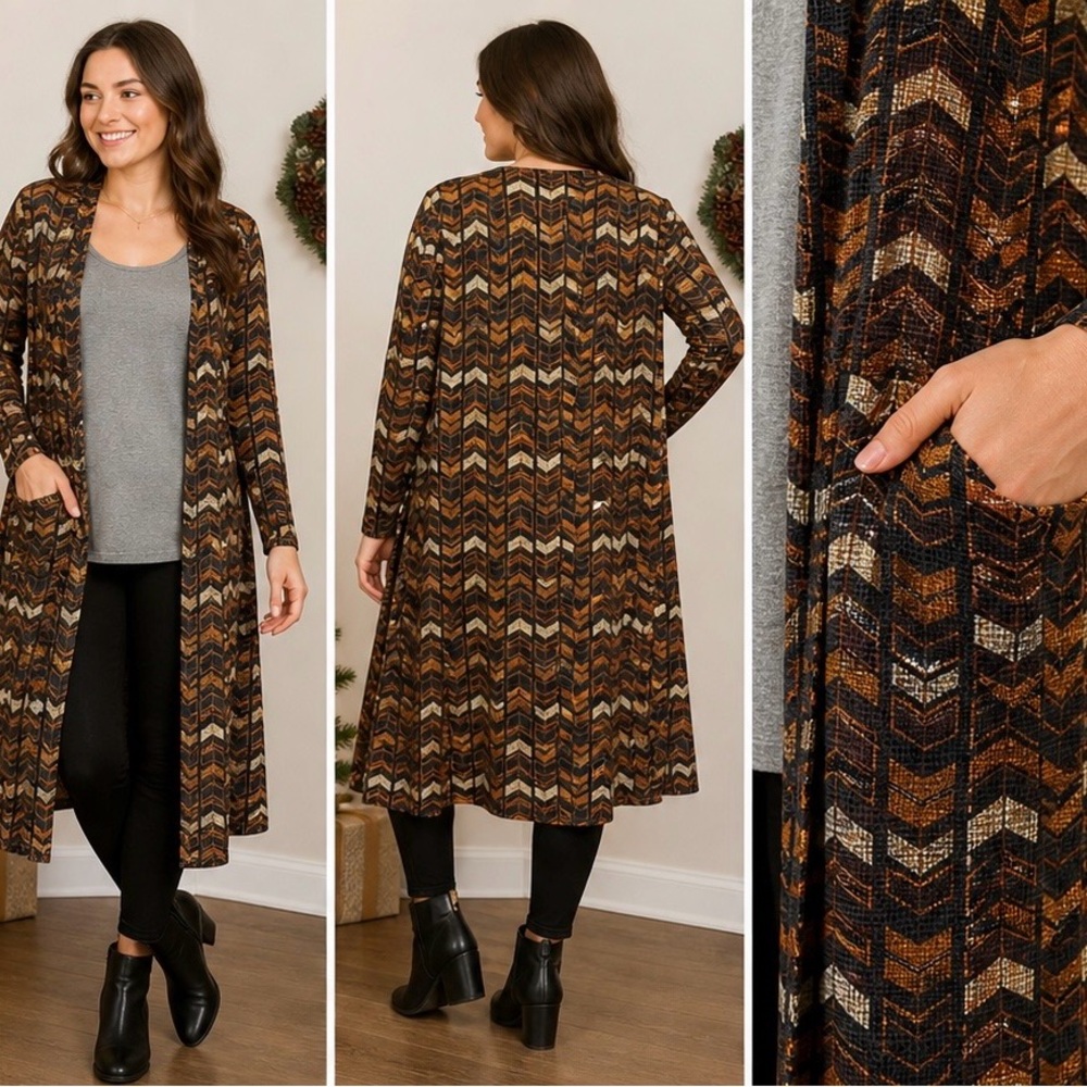 LuLaRoe Shirley Holiday Collection Metallic Chevron Duster L XL